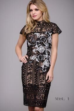 NWT Jovani Black Ivory Lace High Neck Midi Dress - Illusion Wedding Guest - 0
